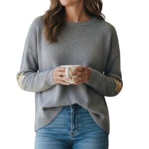 WYSE London Gray 100% Cashmere Gold Star Elbow Patch Crew Sweater Size 3/US 8